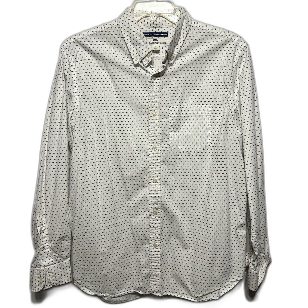Old Navy Button Up Men sz Large Regular Fit Polka Dot Classic Shirt White Top